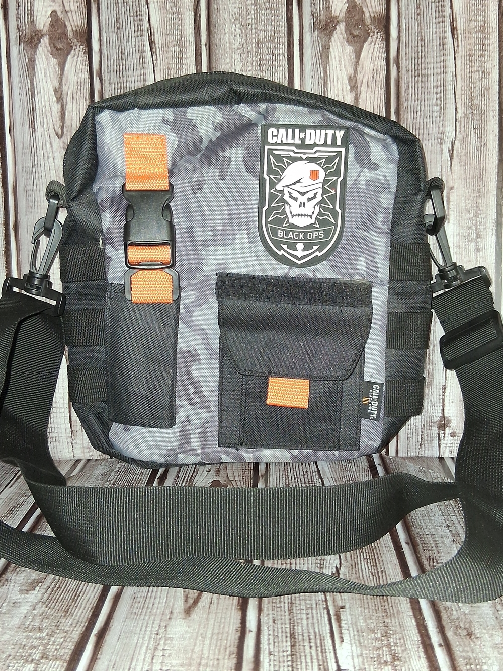 Call of Duty Black Ops Gray Camo Messenger Crossbody Bag with Orange Accents